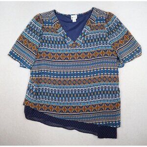 STYLUS - WOMEN'S BLUE PRINT SHORT SLEEVE ASYMMETRICAL TUNIC TOP - SIZE XL